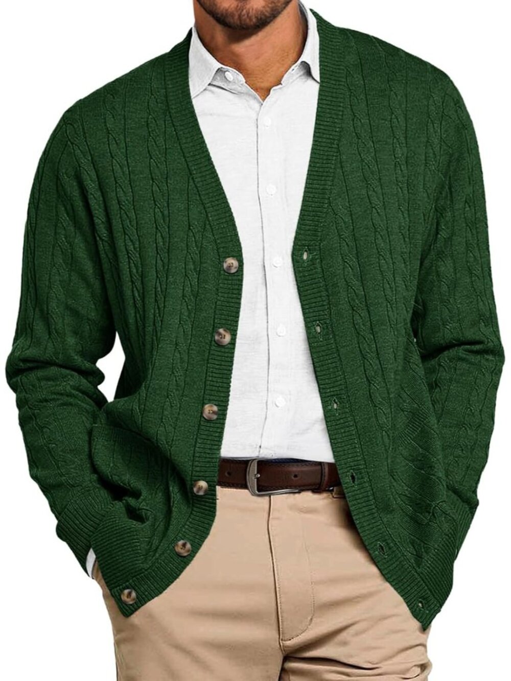 🆕Men's Dark Green Chunky Knit Cardigan Sweater V Neck Button Up With Pockets